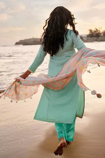 Green cotton linen kurta set