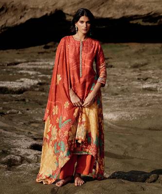 Red muslin silk printed  kurta set 1