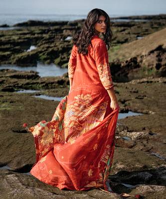 Red muslin silk printed  kurta set 2