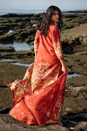 Red muslin silk printed  kurta set
