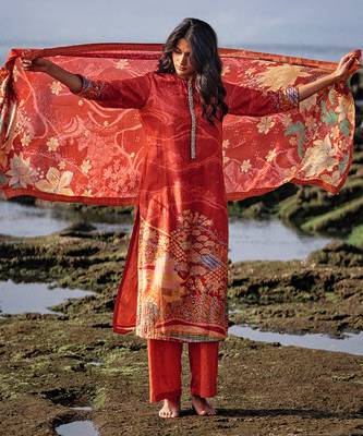 Red muslin silk printed  kurta set 3