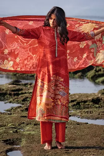 Red muslin silk printed  kurta set