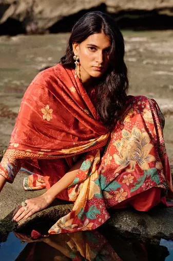 Red muslin silk printed  kurta set