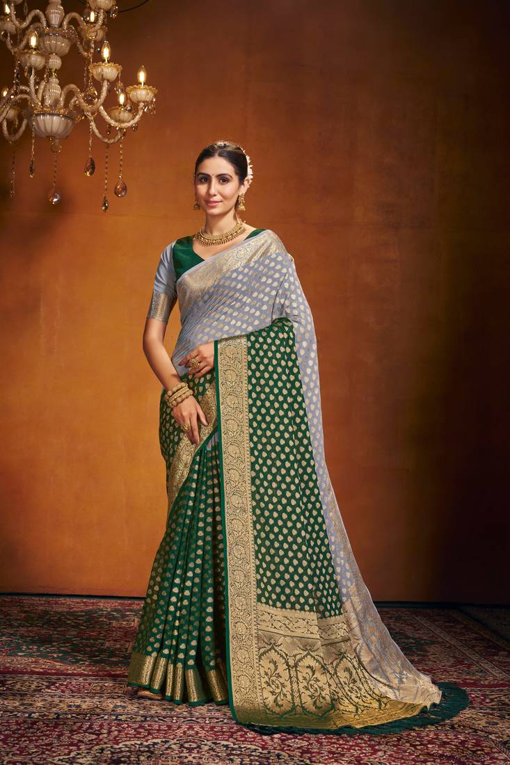Grey Green Zari Work Design Pure Georgette Traditional Wear Sree With Blouse