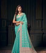 Aqua Blue Zari Work Design Pure Georgette Traditional Wear Sree With Blouse
