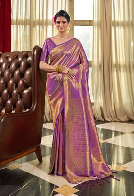 Purple Kumbhi silk bland Kanjivaram style festive wear zari border saree with Blouse 1