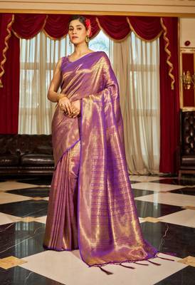 Purple Kumbhi silk bland Kanjivaram style festive wear zari border saree with Blouse 2