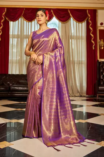 Purple Kumbhi silk bland Kanjivaram style festive wear zari border saree with Blouse