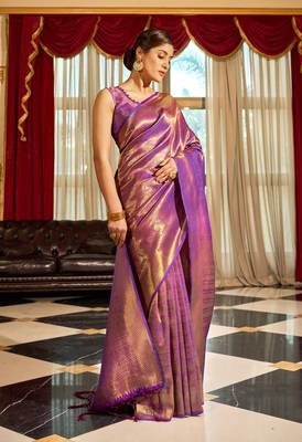 Purple Kumbhi silk bland Kanjivaram style festive wear zari border saree with Blouse 3