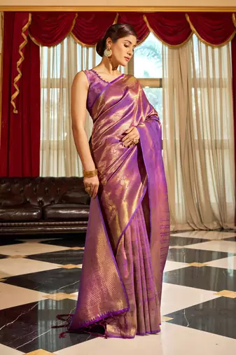 Purple Kumbhi silk bland Kanjivaram style festive wear zari border saree with Blouse