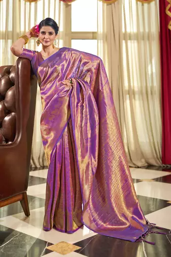 Purple Kumbhi silk bland Kanjivaram style festive wear zari border saree with Blouse