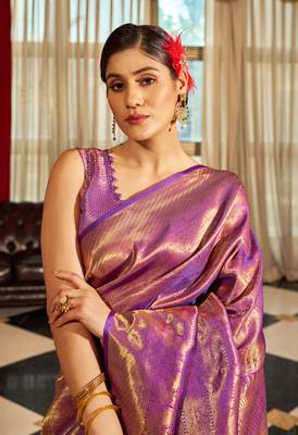 Purple Kumbhi silk bland Kanjivaram style festive wear zari border saree with Blouse 5