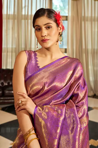 Purple Kumbhi silk bland Kanjivaram style festive wear zari border saree with Blouse
