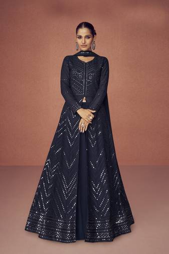 Navy Blue Georgette Anarkali Suit with Dupatta Sequins Salwar Kameez set   