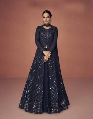navy blue embroidered party wear gown with jacket 1
