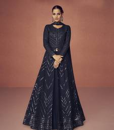navy blue embroidered party wear gown with jacket