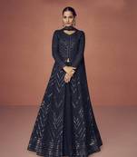 Navy Blue Georgette Anarkali Suit with Dupatta Sequins Salwar Kameez set   