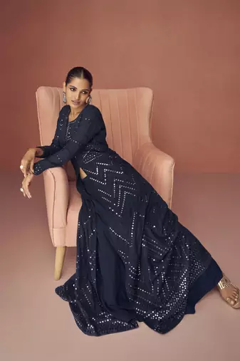 navy blue embroidered party wear gown with jacket