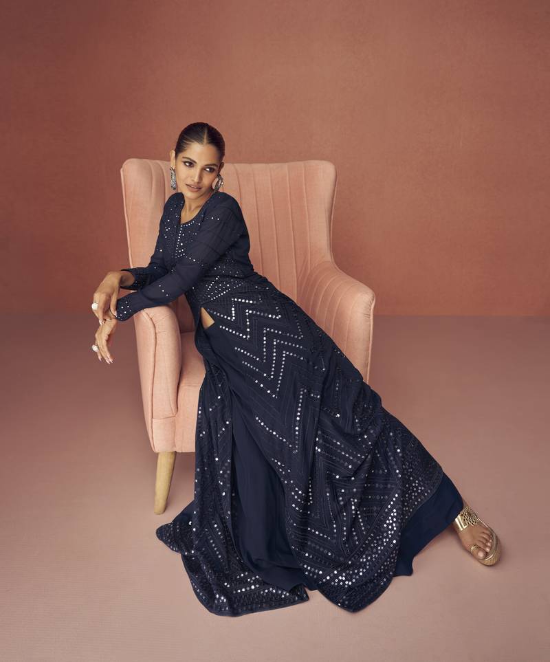 Navy Blue Georgette Anarkali Suit with Dupatta Sequins Salwar Kameez set   