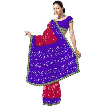 Designer Bandhej Chiffon Purple Red Saree N Blouse Diwali Gift 179 1