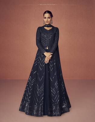 navy blue embroidered party wear gown with jacket 3