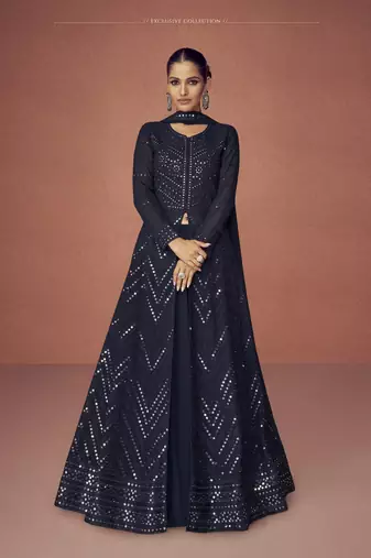 navy blue embroidered party wear gown with jacket