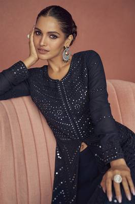 navy blue embroidered party wear gown with jacket 4