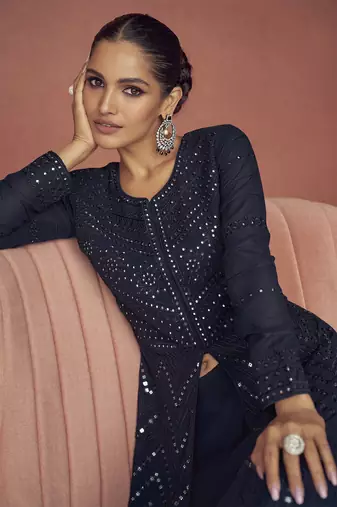navy blue embroidered party wear gown with jacket
