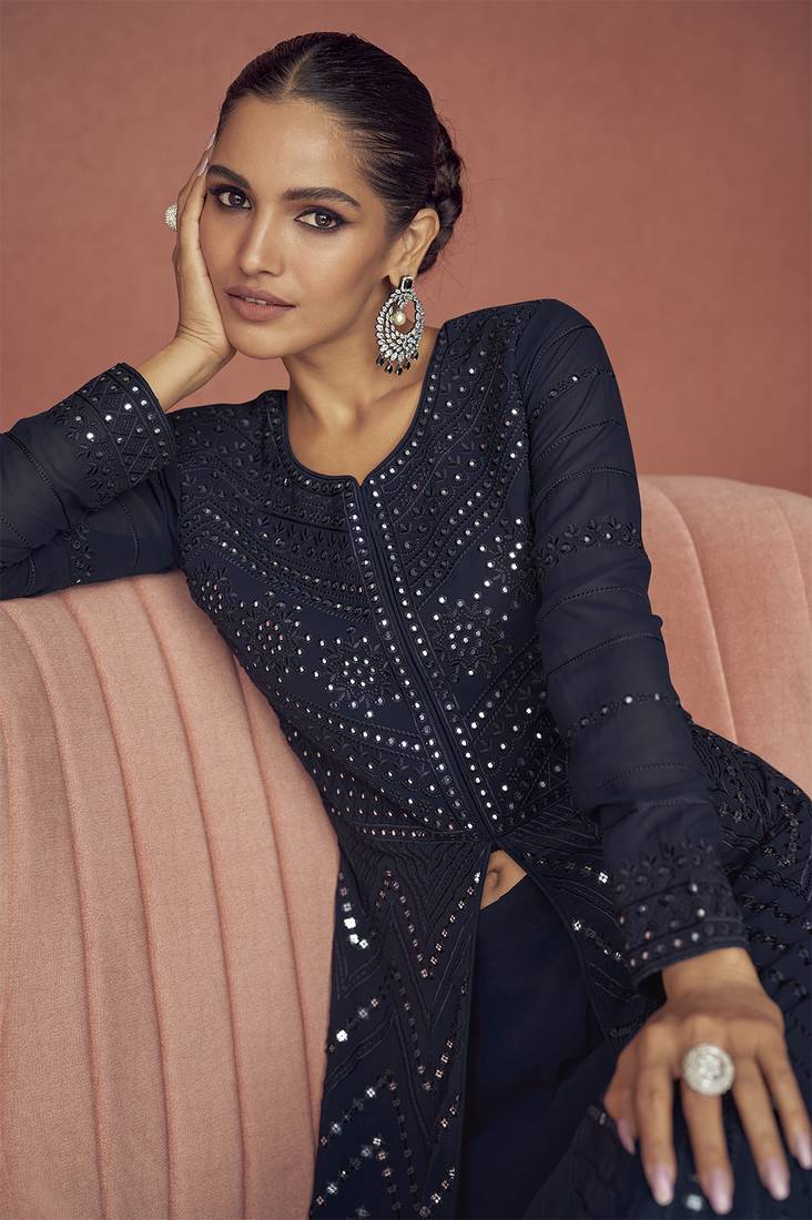 Navy Blue Georgette Anarkali Suit with Dupatta Sequins Salwar Kameez set   