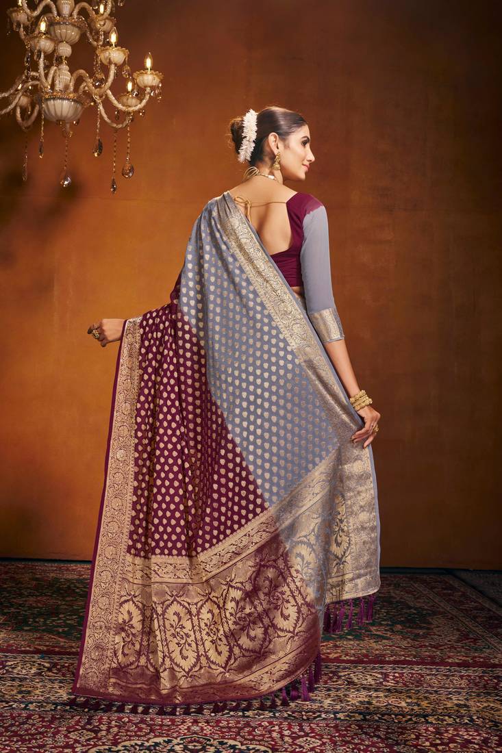 Grey Maroon Zari Work Design Pure Georgette Traditional Wear Sree With Blouse