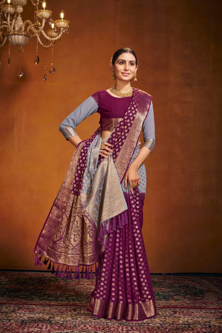 Grey Maroon Zari Work Design Pure Georgette Traditional Wear Sree With Blouse