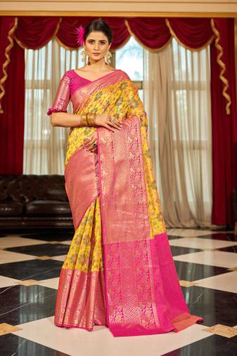 Yellow Cotton Blend Banarasi Patola Style  Saree With Blouse