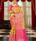 Yellow Cotton Blend Banarasi Patola Style  Saree With Blouse