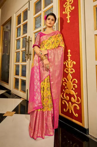 Yellow Cotton Blend Banarasi Patola Style  Saree With Blouse