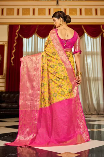Yellow Cotton Blend Banarasi Patola Style  Saree With Blouse