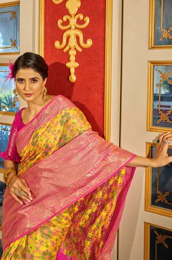 Yellow Cotton Blend Banarasi Patola Style  Saree With Blouse