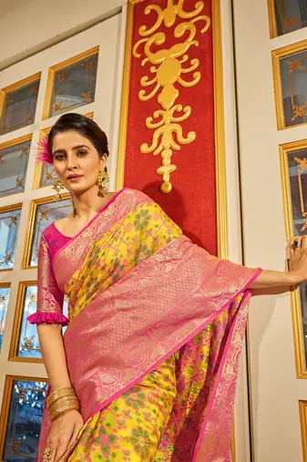 Yellow Cotton Blend Banarasi Patola Style  Saree With Blouse