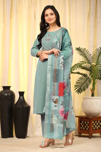  Cotton Embroidery Hand work Salwar Suit Set Kurta Pant with Dupatta LightGreen