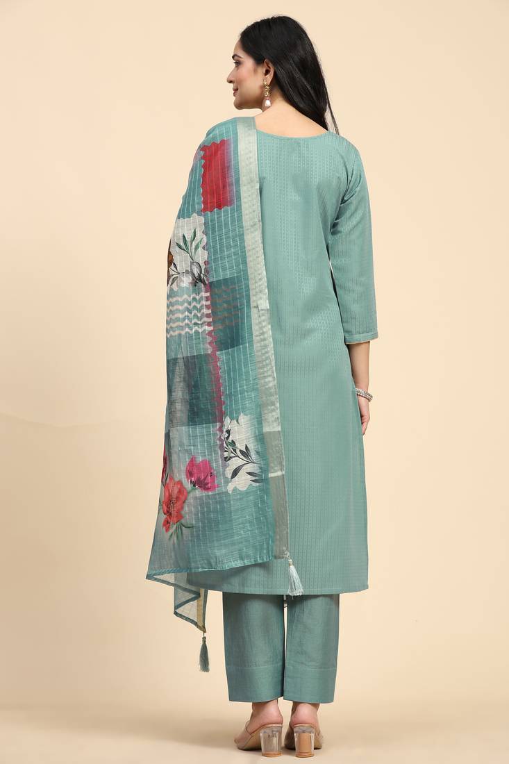 Trendmalls  Cotton Embroidery Hand work Salwar Suit Set Kurta Pant with Dupatta LightGreen