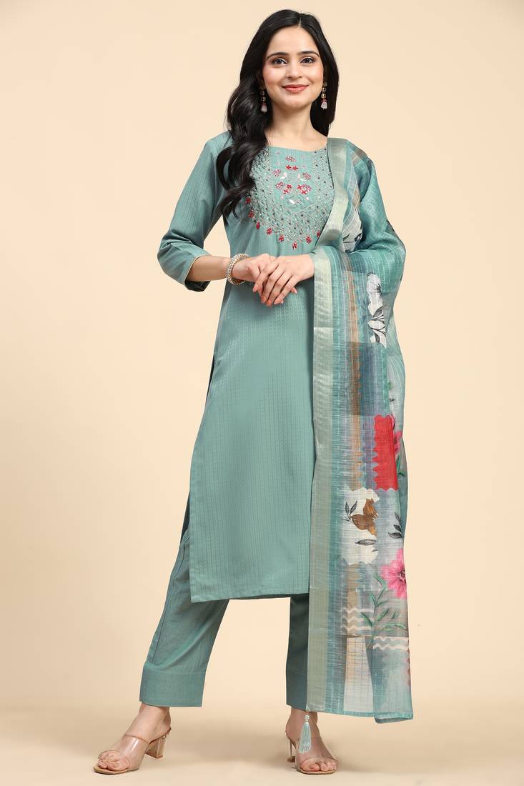 Trendmalls  Cotton Embroidery Hand work Salwar Suit Set Kurta Pant with Dupatta LightGreen