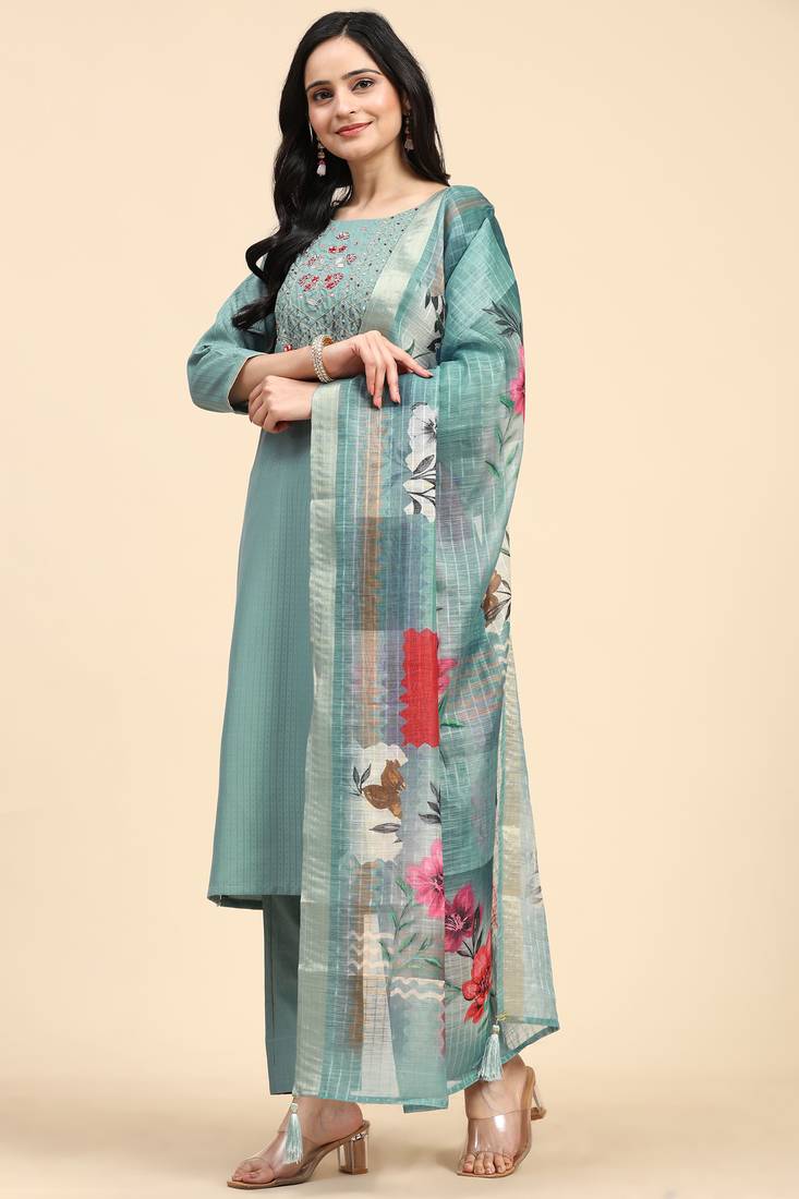 Trendmalls  Cotton Embroidery Hand work Salwar Suit Set Kurta Pant with Dupatta LightGreen