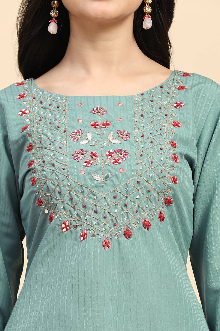 Trendmalls  Cotton Embroidery Hand work Salwar Suit Set Kurta Pant with Dupatta LightGreen