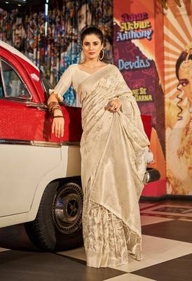Cream Kabutai silk bland banarasi style soft zari weaving saree with Blouse 1