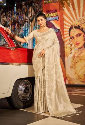 Cream Kabutai silk bland banarasi style soft zari weaving saree with Blouse 2