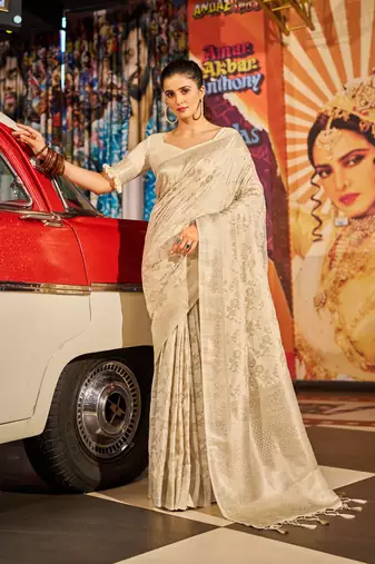 Cream Kabutai silk bland banarasi style soft zari weaving saree with Blouse