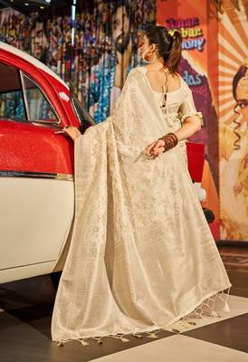 Cream Kabutai silk bland banarasi style soft zari weaving saree with Blouse 3