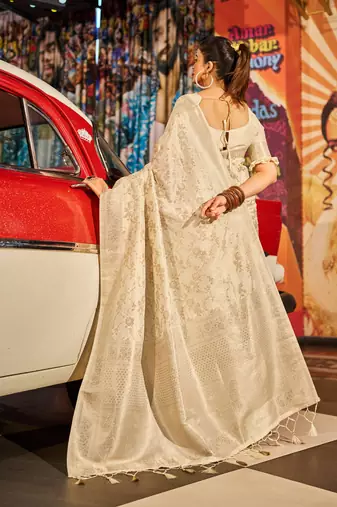 Cream Kabutai silk bland banarasi style soft zari weaving saree with Blouse