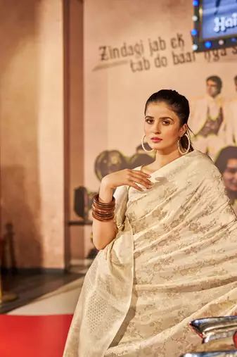 Cream Kabutai silk bland banarasi style soft zari weaving saree with Blouse