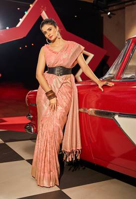 Peach Kabutai silk bland banarasi style soft zari weaving saree with Blouse 1