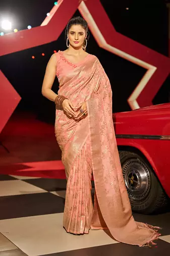 Peach Kabutai silk bland banarasi style soft zari weaving saree with Blouse